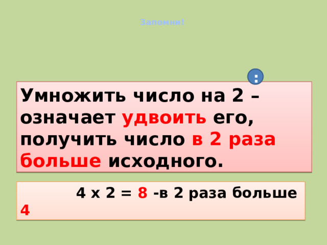 Запомни! : Умножить число на 2 – означает удвоить его, получить число в 2 раза больше исходного.  4 х 2 = 8 -в 2 раза больше 4