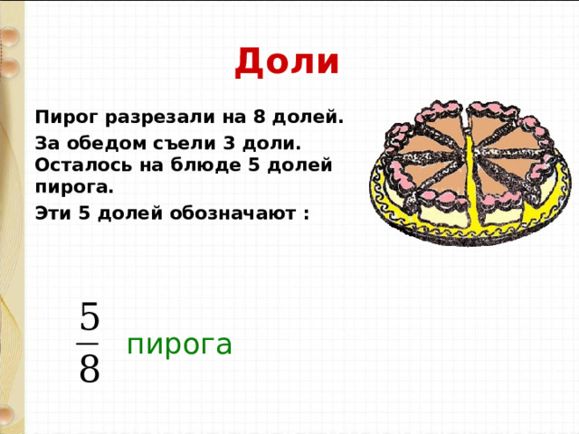 Доли Пирог разрезали на 8 долей. За обедом съели 3 доли. Осталось на блюде 5 долей пирога. Эти 5 долей обозначают : пирога