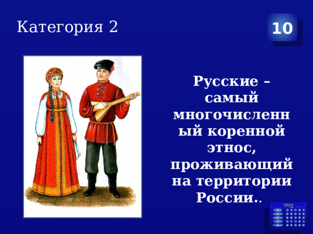 Категория 2 10 Русские – самый многочисленный коренной этнос, проживающий на территории России. .