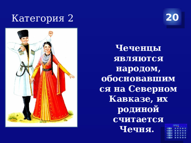 Категория 2 20 Чеченцы являются народом, обосновавшимся на Северном Кавказе, их родиной считается Чечня.
