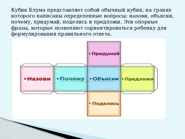 Кубик Блума представляет собой обычный кубик, на гранях которого написаны определенные вопросы: назови, объясни, почему, придумай, поделись и предложи. Эти опорные фразы, которые позволяют сориентироваться ребенку для формулирования правильного ответа.