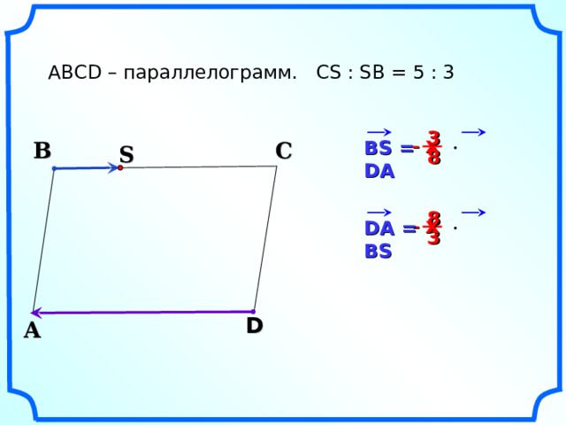 ABCD – параллелограмм. CS : SB = 5 : 3  3 х – BS =     DA В С S  8  8 х DA =     BS –  3 D А 11