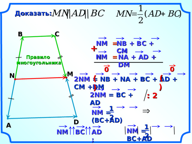 Доказать: В С NB + B С + СМ NM = + NM = NA + AD + DM Правило многоугольника 0 0 M N  (      ) (    ) 2 NM =  NB + NA + B С + AD + CM +DM 2 NM = В C + AD : 2 «Геометрия 7-9» Л.С. Атанасян и др. 1 NM =  (BC+AD) 2 D A 1 NM =  BC+AD NM BC AD; 2 16