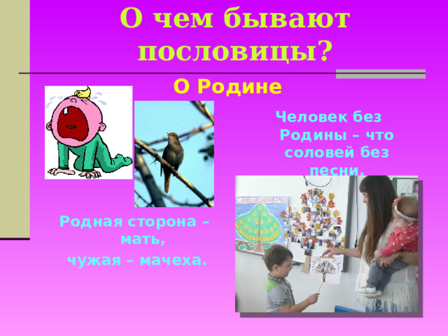 О чем бывают пословицы? О Родине Человек без Родины – что соловей без песни. Родная сторона – мать,  чужая – мачеха.