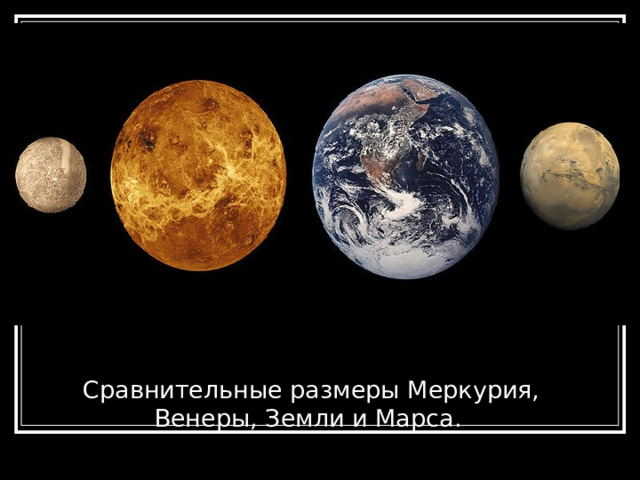 Сравнительные размеры Меркурия, Венеры, Земли и Марса.