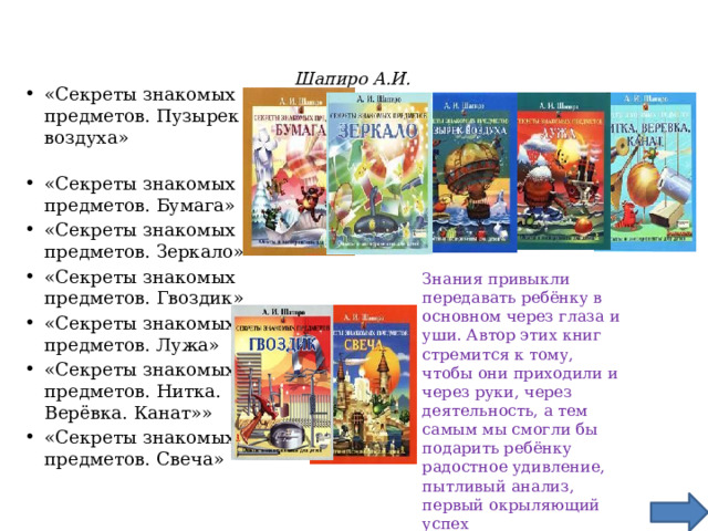 Шапиро А.И.   «Секреты знакомых предметов. Пузырек воздуха»   «Секреты знакомых предметов. Бумага» «Секреты знакомых предметов. Зеркало» «Секреты знакомых предметов. Гвоздик» «Секреты знакомых предметов. Лужа» «Секреты знакомых предметов. Нитка. Верёвка. Канат»» «Секреты знакомых предметов. Свеча» Знания привыкли передавать ребёнку в основном через глаза и уши. Автор этих книг стремится к тому, чтобы они приходили и через руки, через деятельность, а тем самым мы смогли бы подарить ребёнку радостное удивление, пытливый анализ, первый окрыляющий успех естествоиспытателя