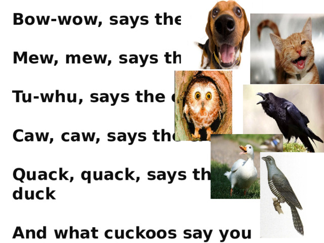 Bow-wow, says the dog,  Mew, mew, says the cat,  Tu-whu, says the owl  Caw, caw, says the crow  Quack, quack, says the duck  And what cuckoos say you know.