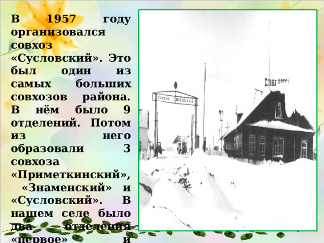В 1957 году организовался совхоз «Сусловский». Это был один из самых больших совхозов района. В нём было 9 отделений. Потом из него образовали 3 совхоза «Приметкинский», «Знаменский» и «Сусловский». В нашем селе было два отделения «первое» и «второе». Было много скота, пашни. Работы хватало всем.