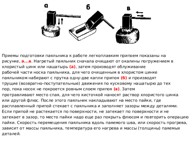 Приемы подготовки паяльника к работе легкоплавким припоем показаны на рисунке, а...в . Нагретый паяльник сначала очищают от окалины погружением в хлористый цинк или нашатырь (а) , затем производят облуживание рабочей части носка паяльника, для чего очищенным в хлористом цинке паяльником набирают с прутка одну-две капли припоя (б) и производят трущие (возвратно-поступательные) движения по кусковому нашатырю до тех пор, пока носок не покроется ровным слоем припоя (в) . Затем протравливают место спая, для чего кисточкой наносят раствор хлористого цинка или другой флюс. После этого паяльник накладывают на место пайки, где расплавленный припой стекает с паяльника и заполняет зазоры между деталями. Если припой не растекается по поверхности, не затекает по поверхности и не затекает в зазор, то место пайки надо еще раз покрыть флюсом и повторить операцию пайки. Скорость перемещения паяльника вдоль паяемого шва, или скорость прогрева, зависит от массы паяльника, температура его нагрева и массы (толщины) паяемых деталей. 