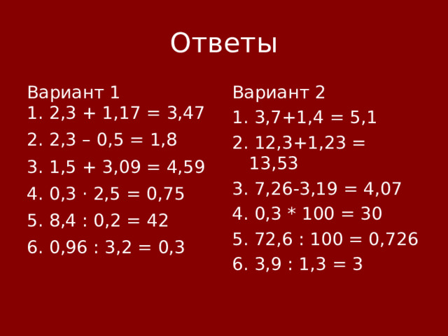Ответы Вариант 1 Вариант 2 1. 3,7+1,4 = 5,1 2. 12,3+1,23 = 13,53 3. 7,26-3,19 = 4,07 4. 0,3 * 100 = 30 5. 72,6 : 100 = 0,726 6. 3,9 : 1,3 = 3 1. 2,3 + 1,17 = 3,47  2. 2,3 – 0,5 = 1,8 3. 1,5 + 3,09 = 4,59 4. 0,3 · 2,5 = 0,75 5. 8,4 : 0,2 = 42 6. 0,96 : 3,2 = 0,3