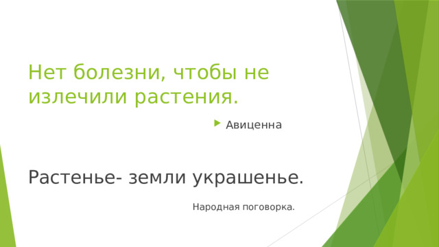 Нет болезни, чтобы не излечили растения. Авиценна Растенье- земли украшенье.           Народная поговорка.