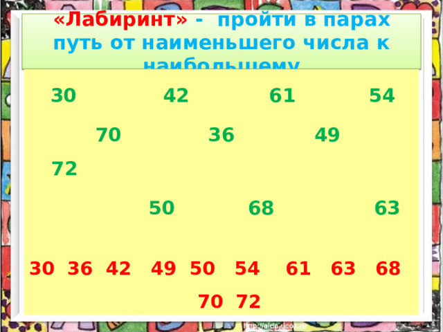 «Лабиринт» -  пройти в парах путь от наименьшего числа к наибольшему   30 42 61 54   30 42 61 54    70 36 49 72  50 68 63  30 36 42 49 50 54 61 63 68 70 72