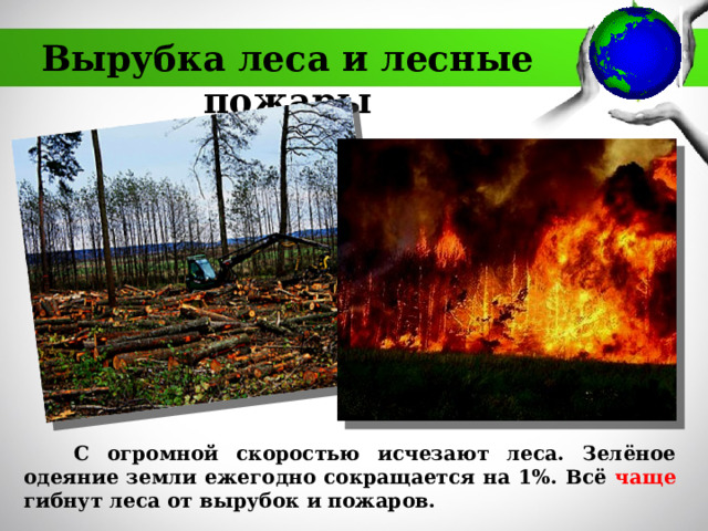 Вырубка леса и лесные пожары  С огромной скоростью исчезают леса. Зелёное одеяние земли ежегодно сокращается на 1%. Всё чаще гибнут леса от вырубок и пожаров.