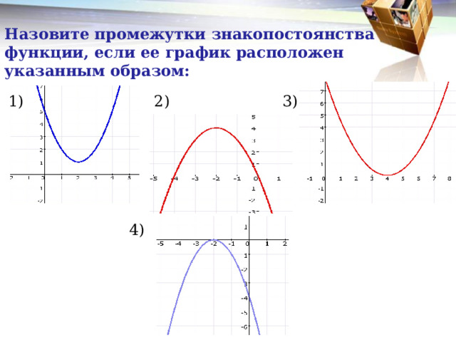 Назовите промежутки знакопостоянства функции, если ее график расположен указанным образом: 1) 2) 3) 4)