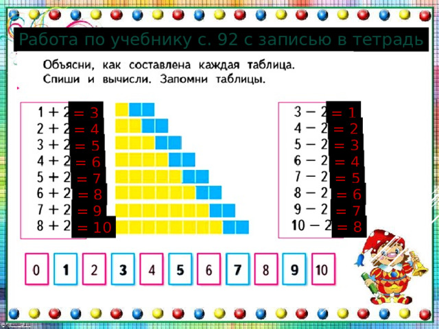 Работа по учебнику с. 92 с записью в тетрадь = 1 = 3 = 2 = 4 = 3 = 5 = 4 = 6 = 5 = 7 = 6 = 8 = 7 = 9 = 8 = 10