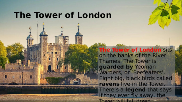 The Tower of London The Tower of London sits on the banks of the River Thames. The Tower is guarded by Yeoman Warders, or ‘Beefeaters’. Eight big, black birds called ravens live in the Tower. There’s a legend that says if they ever fly away, the Tower will fall down.