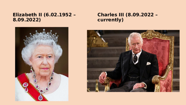 Elizabeth II (6.02.1952 – 8.09.2022) Charles III (8.09.2022 – currently)