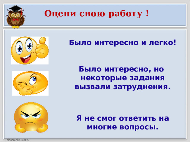 Оцени свою работу ! Было интересно и легко!   Было интересно, но некоторые задания вызвали затруднения.   Я не смог ответить на многие вопросы.