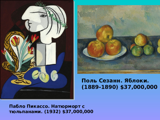 Поль Сезанн. Яблоки. (1889-1890) $37,000,000 Пабло Пикассо. Натюрморт с тюльпанами. (1932) $37,000,000