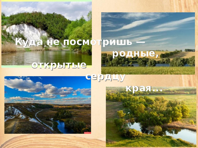 Куда не посмотришь —  родные,  открытые  сердцу  края...