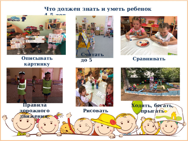 Что должен знать и уметь ребенок 4-5 лет Считать до 5 Описывать картинку Сравнивать Правила дорожного движения Ходить, бегать, прыгать Рисовать