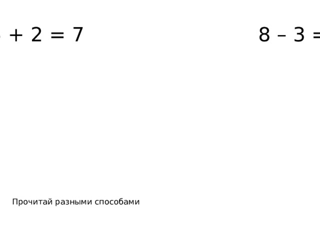 5 + 2 = 7 8 – 3 = 5 Прочитай разными способами