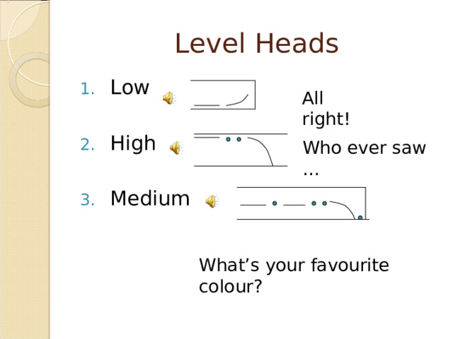 Level Heads Low  High  Medium All right! Who ever saw … What’s your favourite colour?