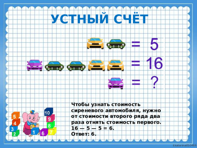 УСТНЫЙ СЧЁТ Чтобы узнать стоимость сиреневого автомобиля, нужно от стоимости второго ряда два раза отнять стоимость первого.  16 — 5 — 5 = 6. Ответ: 6.