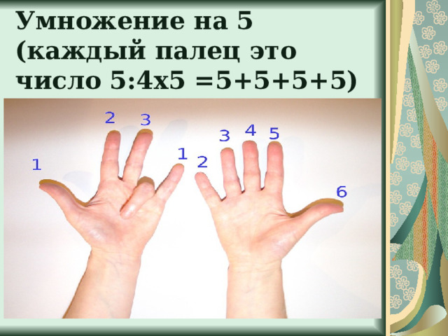 Умножение на 5 (каждый палец это число 5:4х5 =5+5+5+5)