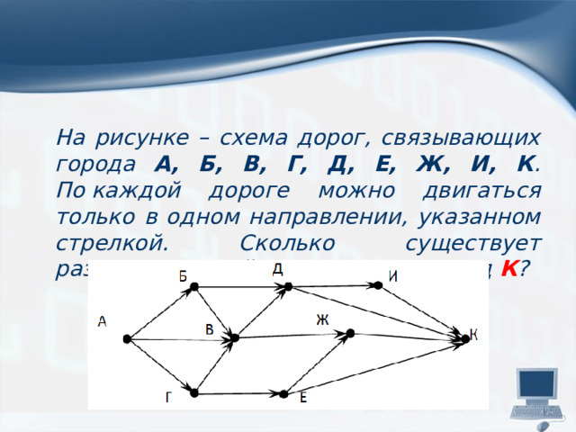 На рисунке – схема дорог, связывающих города А, Б, В, Г, Д, Е, Ж, И, К . По каждой дороге можно двигаться только в одном направлении, указанном стрелкой. Сколько существует различных путей из города А в город К ?