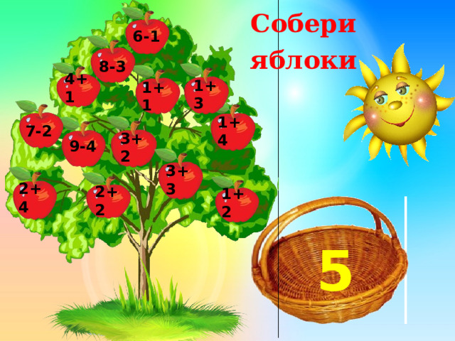Собери яблоки 6-1 8-3 4+1 1+3 1+1 1+4 7-2 3+2 9-4 3+3 2+4 2+2 1+2 5