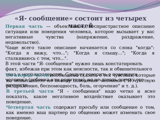 «Я- сообщение» состоит из четырех частей Первая часть  — объективное, беспристрастное описание ситуации или поведения человека, которое вызывает у вас негативные чувства (напряжение, раздражение, недовольство). Чаще всего такое описание начинается со слова 