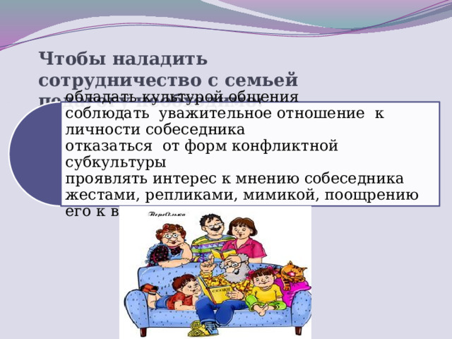 Чтобы наладить сотрудничество с семьей педагогу необходимо:   обладать культурой общения  соблюдать уважительное отношение к личности собеседника  отказаться от форм конфликтной субкультуры  проявлять интерес к мнению собеседника жестами, репликами, мимикой, поощрению его к высказываниям