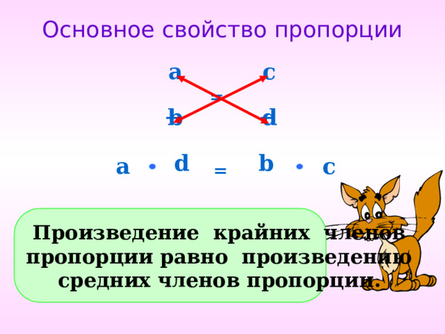 Основное свойство пропорции с a  = _ _ d b b d a с  = Произведение крайних членов пропорции равно произведению средних членов пропорции.