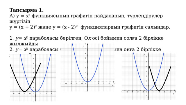 Тапсырма 1. А) у = х 2 функциясының графигін пайдаланып, түрлендірулер жүргізіп y = (x + 2) 2  және y = (x - 2) 2 функциялардың графигін салындар. 1 . у = х 2 параболасы берілген, О х осі бойымен солға 2 бірлікке жылжыйды 2. у = х 2 параболасы берілген, О х осі бойымен онға 2 бірлікке жылжыйды