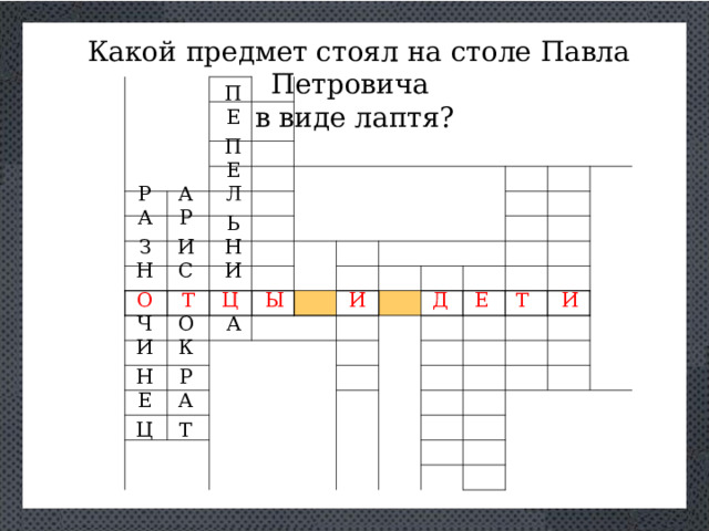   Какой предмет стоял на столе Павла Петровича в виде лаптя? П       Е П Е Р А Л Р А Ь З И Н С Н И О Ы Т И Т Е Д И Ц А Ч О К И Р Н А Е Т Ц