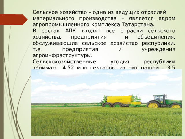 Сельское хозяйство – одна из ведущих отраслей материального производства – является ядром агропромышленного комплекса Татарстана. В состав АПК входят все отрасли сельского хозяйства, предприятия и объединения, обслуживающие сельское хозяйство республики, т.е. предприятия и учреждения агроинфраструктуры. Сельскохозяйственные угодья республики занимают 4,52 млн гектаров, из них пашни – 3,5 млн гектаров.