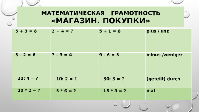 Математическая грамотность  «Магазин. Покупки» 5 + 3 = 8 8 – 2 = 6   2 + 4 = 7   7 – 3 = 4   5 + 1 = 6  20: 4 = ? plus / und   9 – 6 = 3  10: 2 = ?  20 * 2 = ? minus /weniger  5 * 6 = ?  80: 8 = ? (geteilt) durch  15 * 3 = ? mal