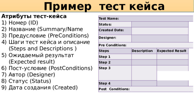 Пример тест кейса Атрибуты тест-кейса Номер (ID) Название (Summary/Name Предусловие (PreConditions) Шаги тест кейса и описание (Steps and Descriptions  ) Ожидаемый результат (Expected result) Пост-условие (PostConditions) Автор (Designer) Статус (Status) Дата создания (Created) Test Name: Status:  Created Date:   Designer:   Pre Conditions: Steps Description Step 1 Expected Result   Step 2     Step 3       Step 4   Post Conditions:  