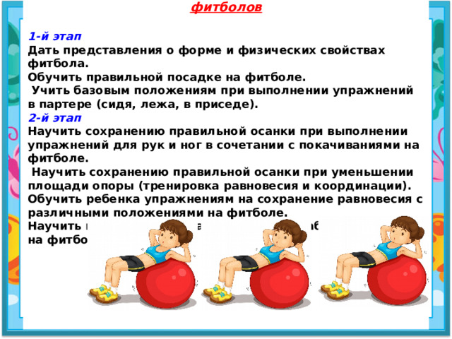 Этапы освоения упражнений с использованием фитболов  1-й этап Дать представления о форме и физических свойствах фитбола. Обучить правильной посадке на фитболе.  Учить базовым положениям при выполнении упражнений в партере (сидя, лежа, в приседе).  2-й этап Научить сохранению правильной осанки при выполнении упражнений для рук и ног в сочетании с покачиваниями на фитболе.  Научить сохранению правильной осанки при уменьшении площади опоры (тренировка равновесия и координации). Обучить ребенка упражнениям на сохранение равновесия с различными положениями на фитболе. Научить выполнению упражнений в расслаблении мышц на фитболе.