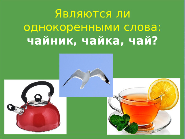 Являются ли однокоренными слова:  чайник, чайка, чай?