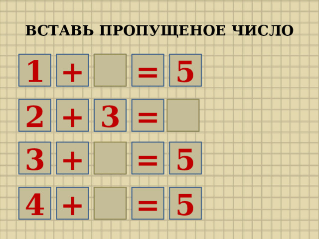 ВСТАВЬ ПРОПУЩЕНОЕ ЧИСЛО 1 + 4 = 5 2 + 3 = 5 = 2 + 3 5 = 1 + 5 4