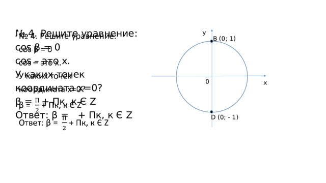 y   № 4. Решите уравнение: сos β = 0 cos – это х. У каких точек координата х=0? β = + Пк, к Є Z Ответ: β = + Пк, к Є Z В (0; 1) 0 x D (0; - 1)