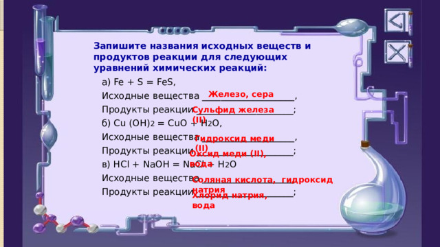 Запишите названия исходных веществ и продуктов реакции для следующих уравнений химических реакций: а) Fe + S = FeS, Исходные вещества ____________________, Продукты реакции _____________________; б) Cu (OH) 2 = CuO + H 2 O, Исходные вещества ____________________, Продукты реакции _____________________; в) HCl + NaOH = NaCl + H 2 O Исходные вещества ____________________, Продукты реакции _____________________; Железо, сера Сульфид железа (II) Гидроксид меди (II) Оксид меди (II), вода Соляная кислота, гидроксид натрия Хлорид натрия, вода