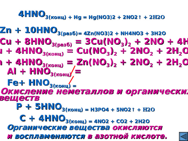 4HNO 3 (конц) + Hg = Hg(NO 3 ) 2 + 2NO 2 ↑ + 2H 2 O 4Zn + 10HNO 3 (разб) = 4Zn(NO 3 ) 2 + NH 4 NO 3 + 3H 2 O 3Cu + 8HNO 3( разб) = 3Cu(NO 3 ) 2 + 2NO + 4H 2 O Cu + 4HNO 3( конц) = Cu(NO 3 ) 2 + 2NO 2 + 2 H 2 O Zn + 4HNO 3( конц) = Zn(NO 3 ) 2 + 2NO 2 + 2H 2 O Al + HNO 3 (конц) = Fe+ HNO 3( конц) =  Окисление неметаллов и органических  веществ Р + 5HNO 3 (конц) = H 3 PO 4 + 5NO 2 ↑ + H 2 O C + 4HNO 3(конц) = 4NO 2 + CO 2 + 2H 2 O Органические вещества окисляются и воспламеняются в азотной кислоте.