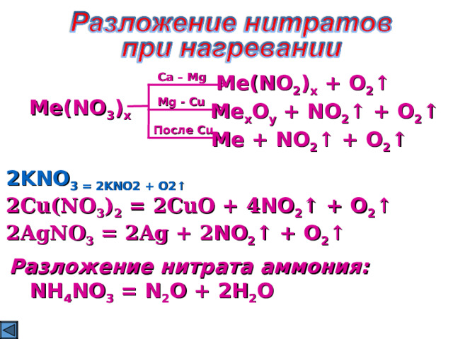 Ca – Mg Me(NO 2 ) x + O 2 ↑ Mg - Cu Me(NO 3 ) x Me x O y + NO 2 ↑ + O 2 ↑ После Cu Me + NO 2 ↑ + O 2 ↑ 2KNO 3 = 2KNO 2 + O 2 ↑ 2Cu(NO 3 ) 2 = 2CuO + 4 NO 2 ↑ + O 2 ↑ 2AgNO 3 = 2Ag + 2 NO 2 ↑ + O 2 ↑ Разложение нитрата аммония:  NH 4 NO 3 = N 2 O + 2H 2 O