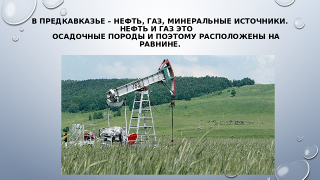 В Предкавказье – нефть, газ, минеральные источники. Нефть и газ это  осадочные породы и поэтому расположены на равнине.