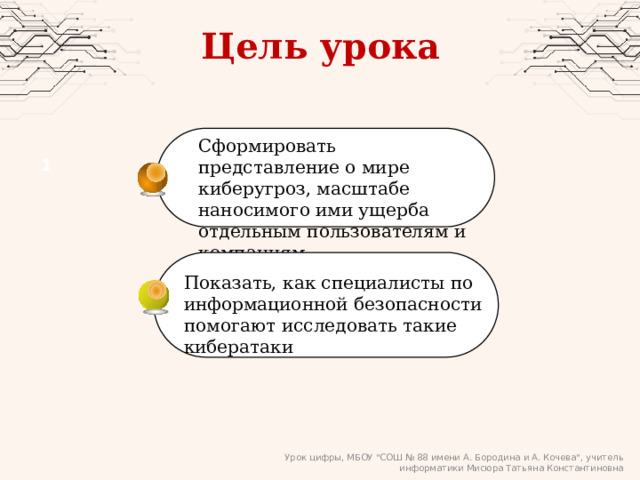 Цель урока Сформировать представление о мире киберугроз, масштабе наносимого ими ущерба отдельным пользователям и компаниям 1  Показать, как специалисты по информационной безопасности помогают исследовать такие кибератаки Урок цифры, МБОУ 