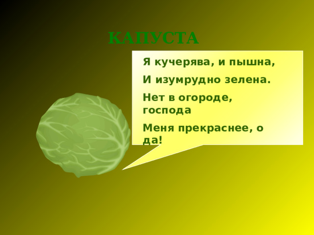 КАПУСТА Я кучерява, и пышна, И изумрудно зелена. Нет в огороде, господа Меня прекраснее, о да!