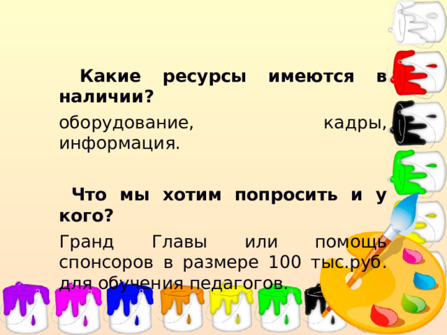 Какие ресурсы имеются в наличии? оборудование, кадры, информация.  Что мы хотим попросить и у кого? Гранд Главы или помощь спонсоров в размере 100 тыс.руб. для обучения педагогов.